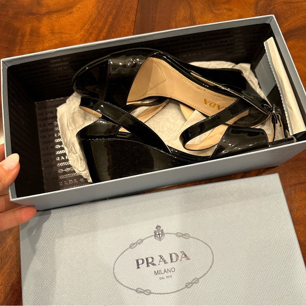 Prada Black Patent Leather Wedge Sandals - Picture 3 of 16